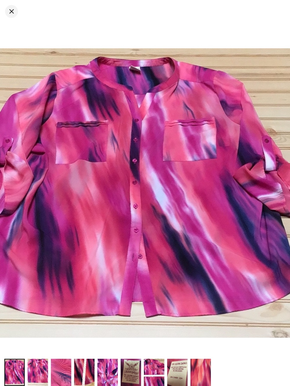 Artsy Pink Purple Abstract Multi-Color Button-Front Roll Up Sleeve Blouse 3X